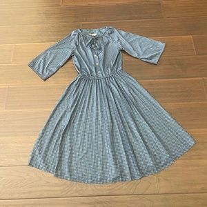 VTG Matthew Love Blue Polka Dot Pleated Bottom Button Midi Dress Sz Petite Small